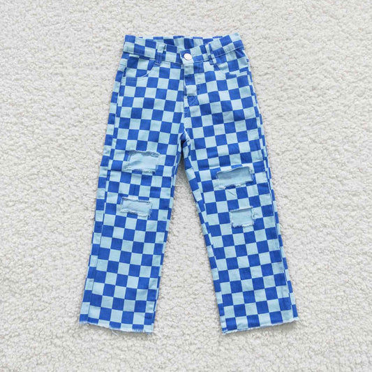 P0097 Blue Plaid Ripped Jeans