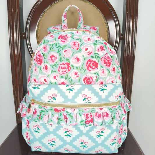 BA0100  	 Pink Flower Light Blue Backpack