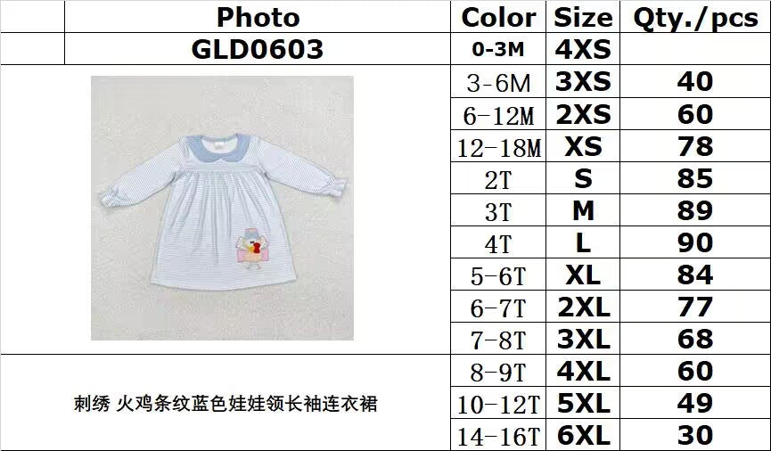 RTS NO MOQ ETA 5/7days arrived GLD0603 Embroidered turkey stripe blue doll collar long-sleeved dress