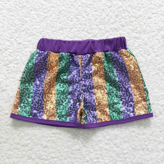 SS0116 Purple green gold striped sequin shorts