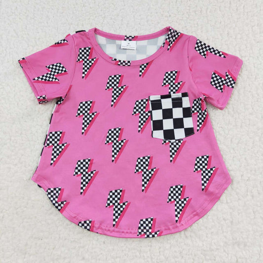 GT0227 Black and White Plaid Pocket Lightning Rose Short Sleeve Top