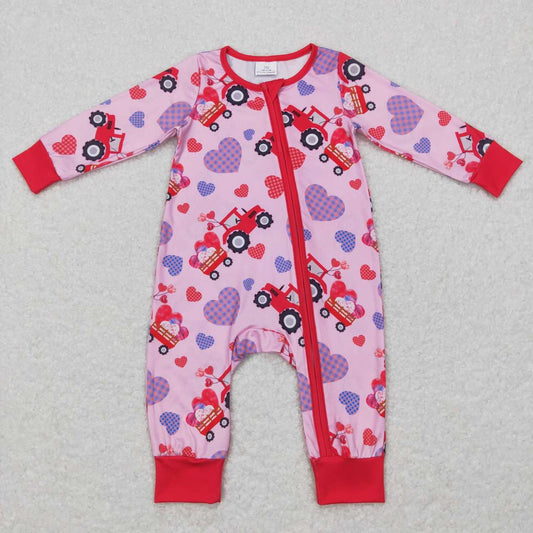 LR0774 Plaid Love Truck Tractor Pink Zip Long Sleeve Jumpsuit