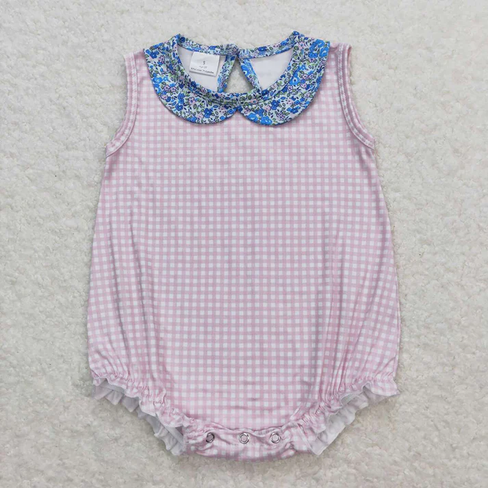 RTS Baby Girls Pink Checkered Collar Sibling Sister Rompers Clothes Sets