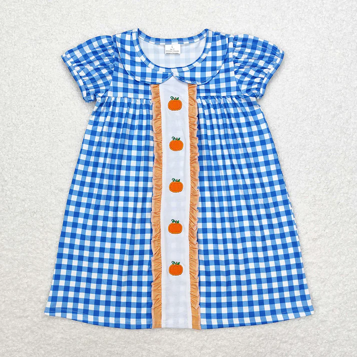 RTS NO MOQ Eta 5/days  Girls Boys Blue Pumpkins Dresses Rompers embroidery Fall Clothes Sets