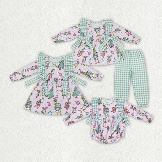 RTS NO MOQ  Baby Girls Christmas Pink Frog Sibling Romper Dresses Clothes Sets