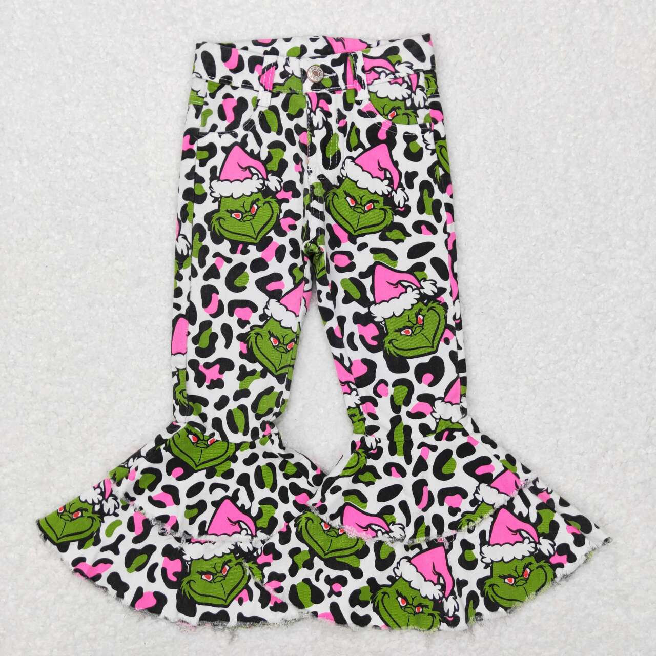 P0318 Cartoon grinch leopard print white denim trousers