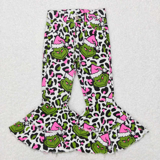 P0318 Cartoon grinch leopard print white denim trousers