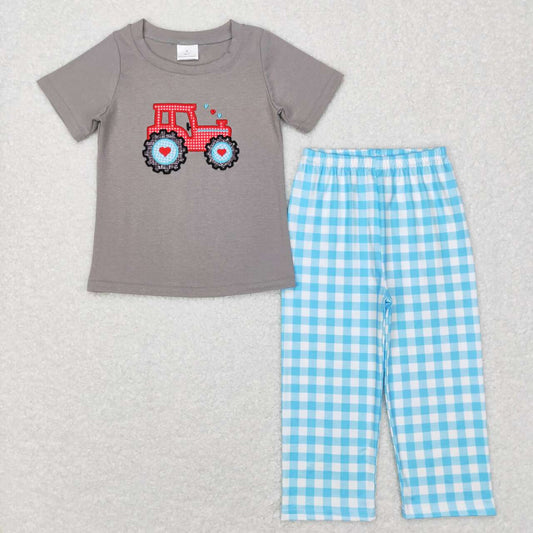 BSPO0193 Embroidered love tractor short-sleeved blue and white plaid trousers suit
