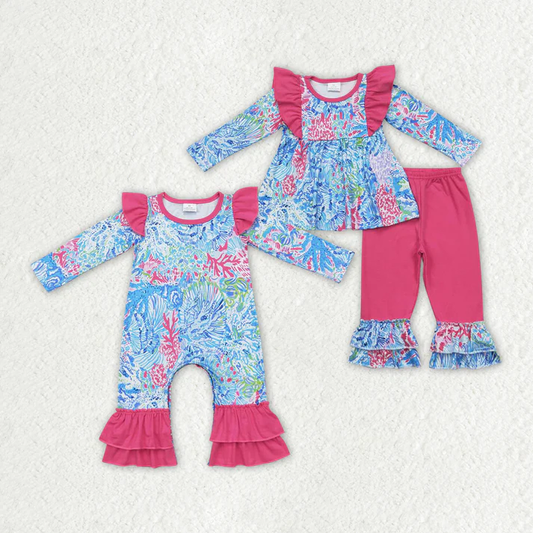 RTS NO MOQ  print  Baby Girls Pink Seaweed Sibling Rompers Clothes Sets