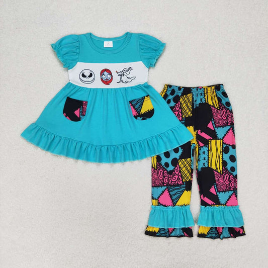 RTS no moq GSPO1579 The Nightmare Before Christmas Patchwork Pocket Teal Short Sleeve Pants