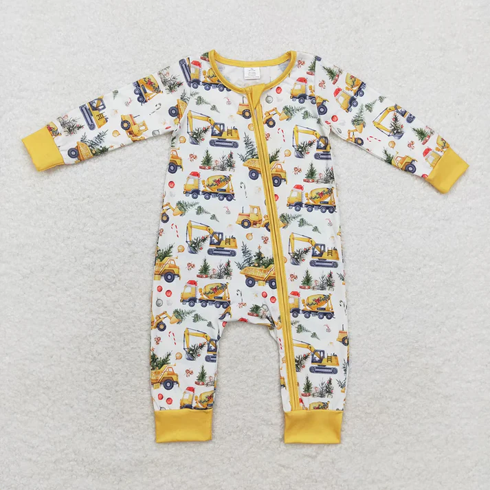 RTS NO MOQ bamboo Yellow suit with long sleeves and long pants Engineering Vehicles Zipper matching