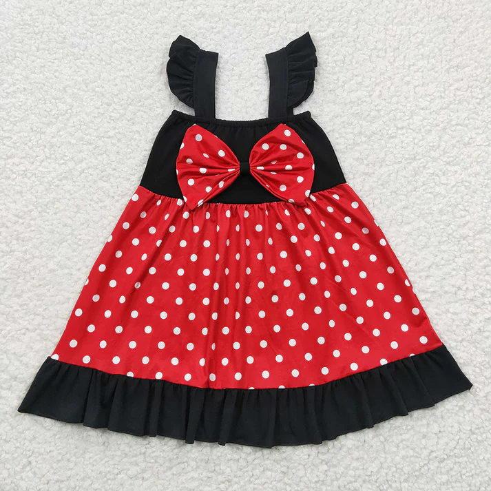 RTS NO MOQ Baby Girls Cartoon Sibling Bow Summer Knee Length Dresses