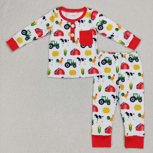 BLP0340 Farm animals red house tractor corn red and white long sleeves and trousers suit