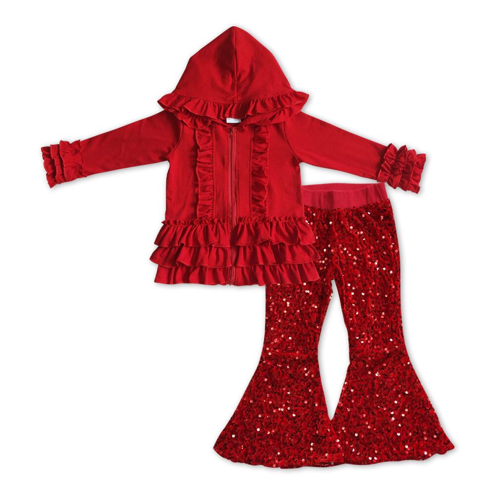 B4-11 Red sequin flared pants+GT0019 Girls Red Hooded Zipper Long Sleeve Jacket