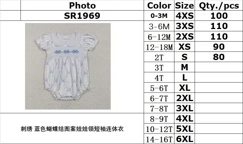 RTS NO MOQ ETA 5/7days arrived SR1969 Embroidered blue bow pattern short-sleeved top with baby collar