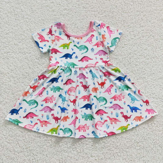 Aa-10 Pink Dinosaur Unicorn Short Sleeve Dress