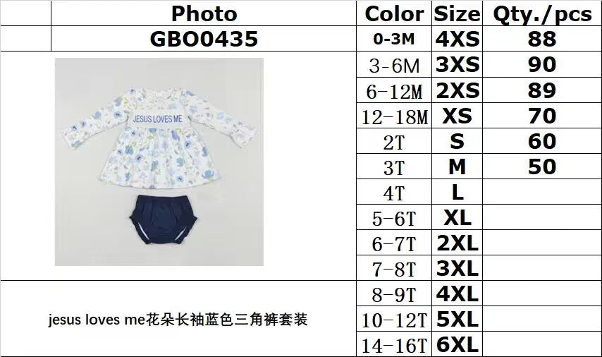 RTS NO MOQ ETA 5/7days arrived GBO0435 jesus loves me flower long-sleeved blue briefs set