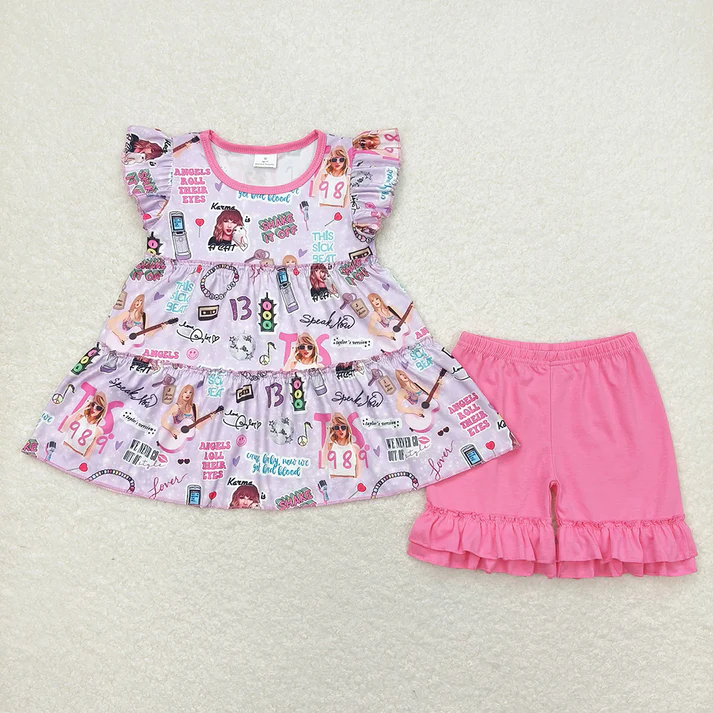 RTS Baby Toddler Girls Singer 1989 Flutter Sleeve Tunic Top Shorts Clothes Sets