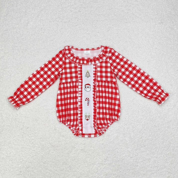 RTS NO MOQ Shipping time 5-7days embroidery Checkered Santa Christmas Sibling Rompers Dresses Clothes Sets