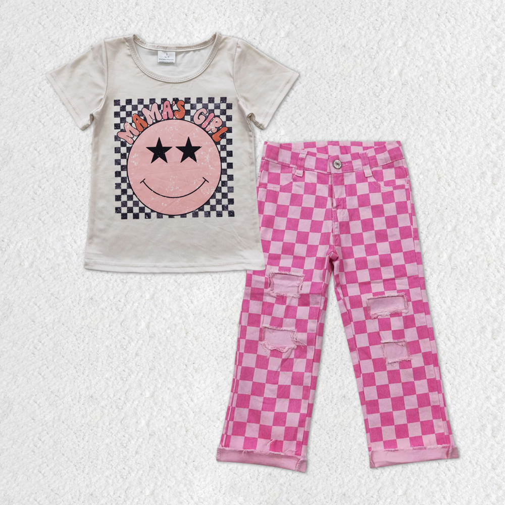 RTS Pink smiley face denim suit, girls smiley face pink plaid denim