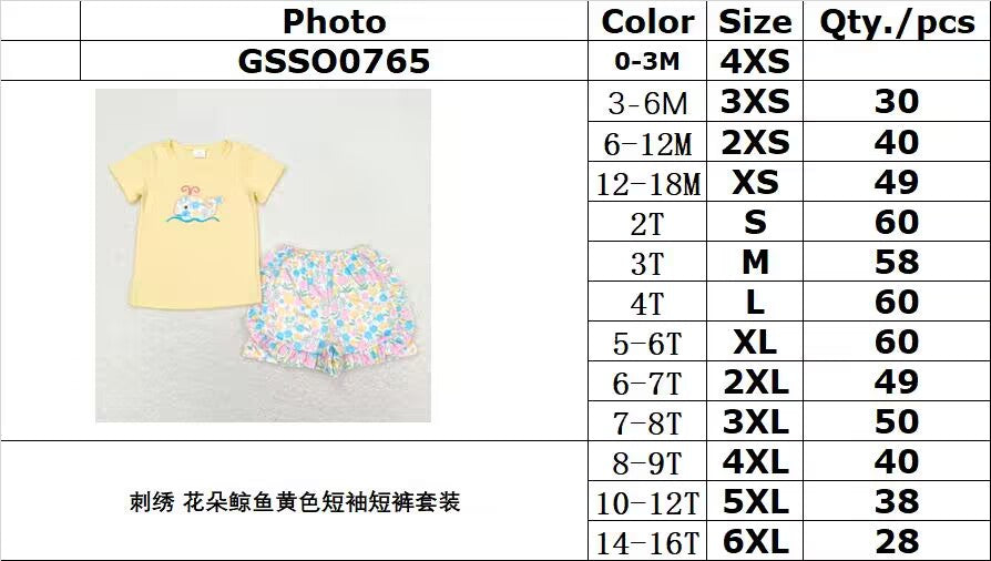 GSSO0765 Embroidered flower whale yellow short-sleeved shorts set