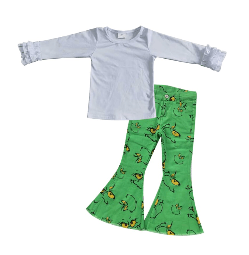 6 A8-1 White long sleeve top+P0230 Cartoon grinch green denim trousers with smiley face