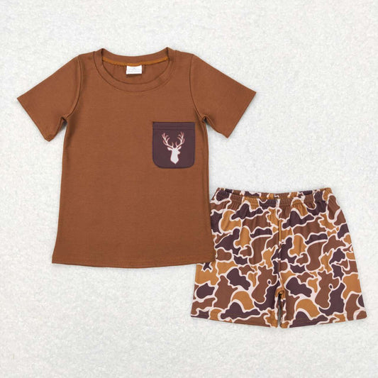 BSSO0302 Elk Camo Pocket Brown Short Sleeve Shorts Set