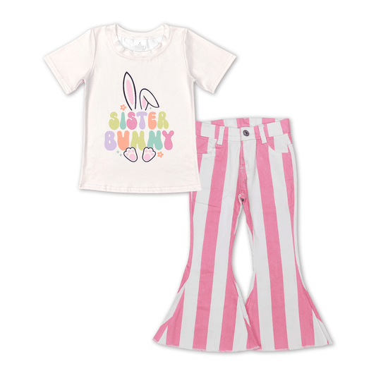 P0315 Pink and white striped denim trousers+GT0394 sister bunny beige short-sleeved top