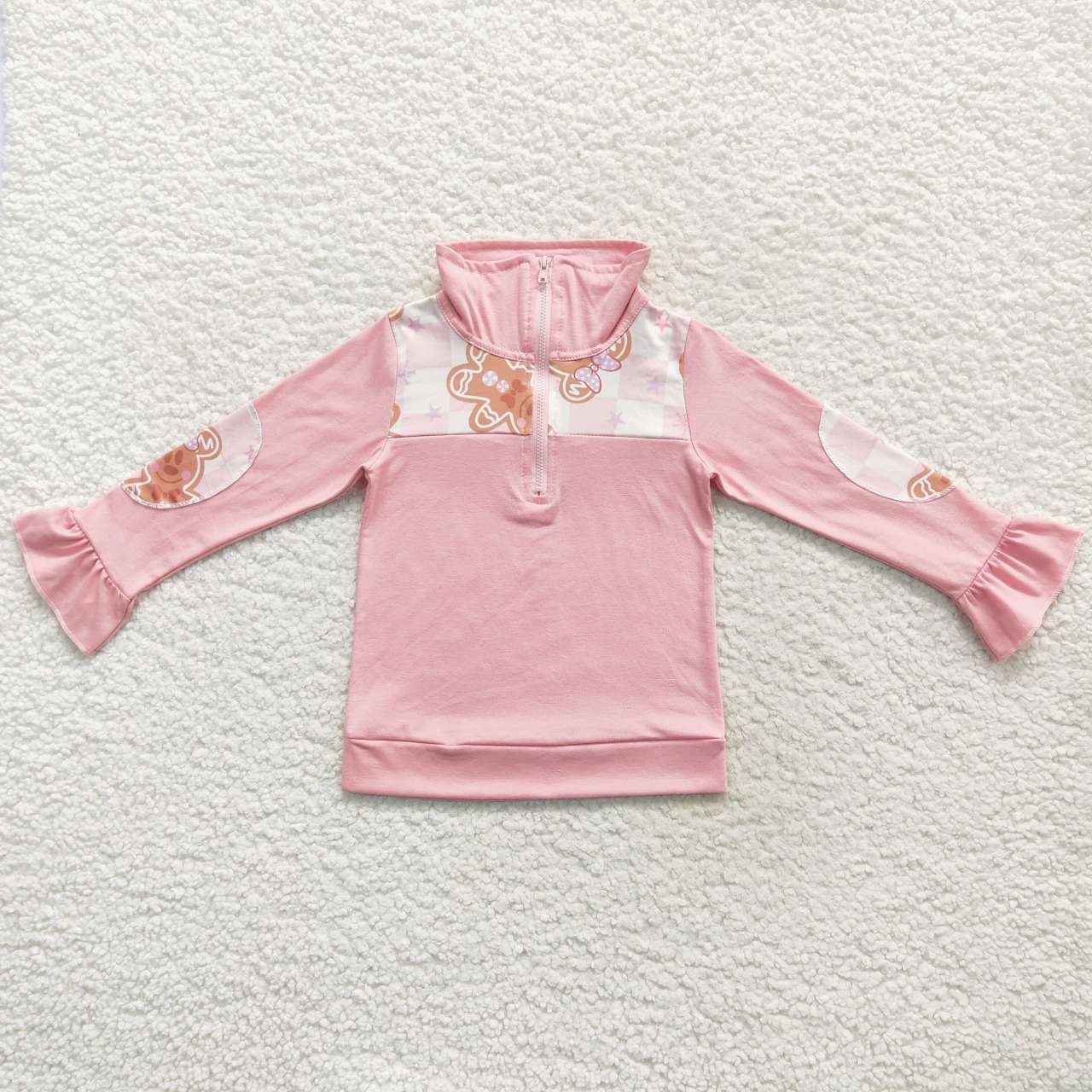 GT0218 Cartoon Mickey Gingerbread Man Pink and White Zipper Long Sleeve Top