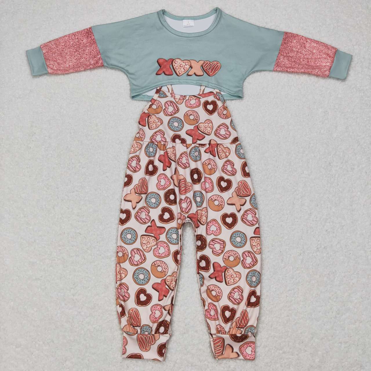 GLP0899 xoxo Letter Donut Pink Long Sleeve Suspender Jumpsuit Pants Suit