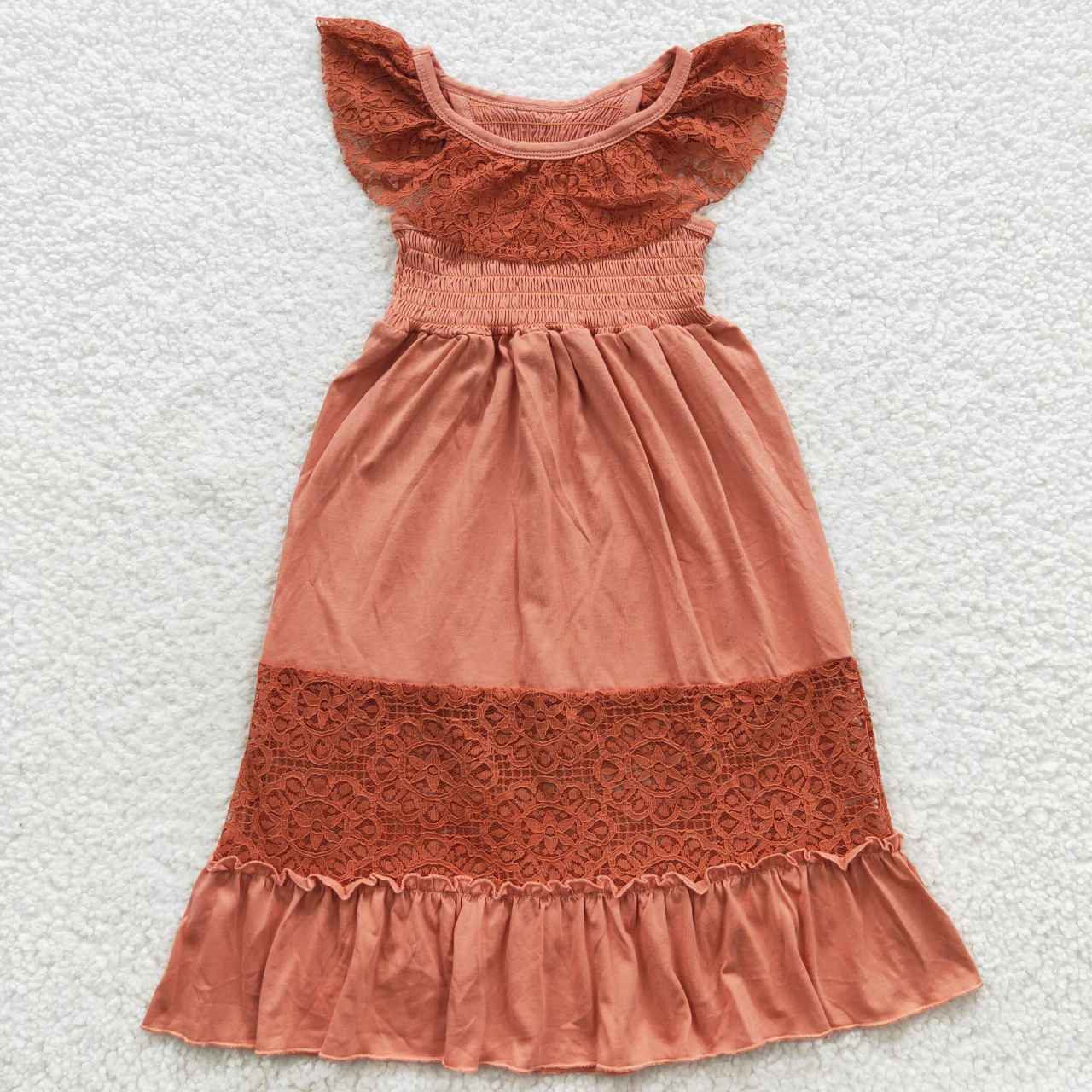 GSD0458 Lace Brick Red Smocked Sleeveless Dress