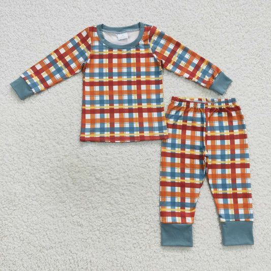 BLP0308 Orange and green plaid long-sleeved trousers suit