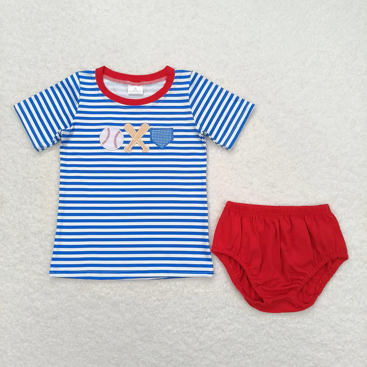 RTS Baby Girls Blue Stripes Baseball Summer Sibling Clothes Sets