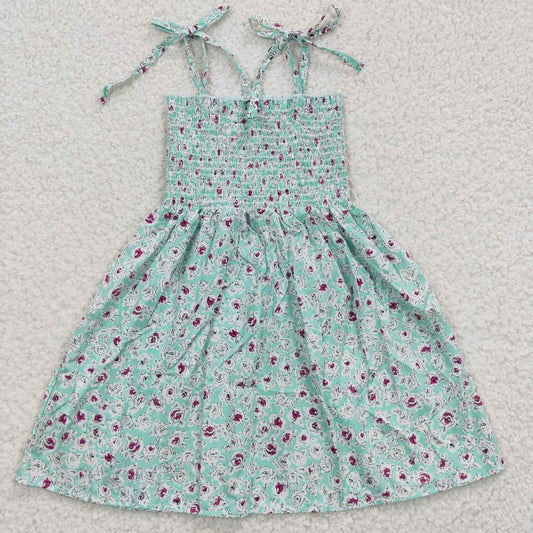 RTS NO MOQ（In Stock) GSD0370 Purple Floral Cyan Elastic Dress