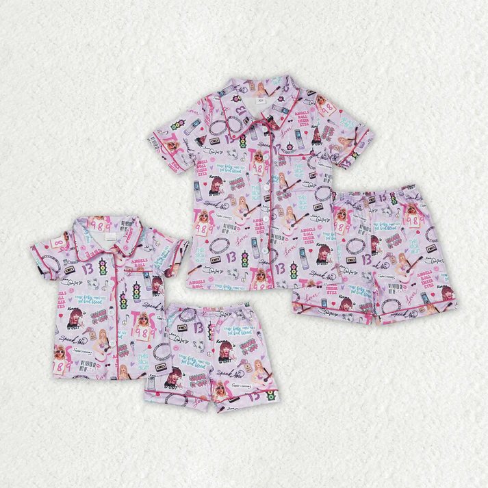 RTS Mommy and Me Mommy and Me Mommy and Me Baby Girls Purple Singer 1989 Buttons Top Shorts Pajamas Clothes Sets