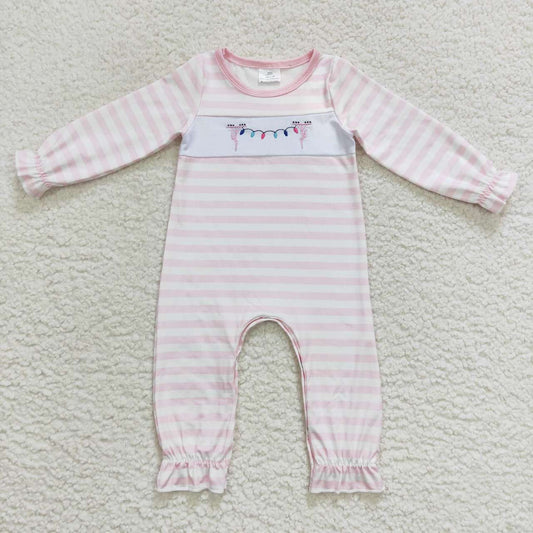 LR0582 Embroidered lantern pink and white striped long-sleeved jumpsuit
