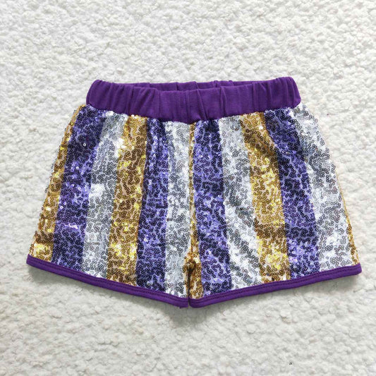 SS0115 Purple gold and white striped sequin shorts