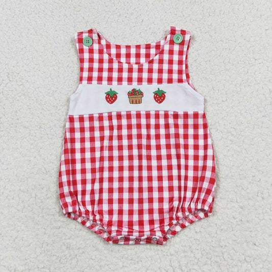 RTS NO MOQ（In Stock) Embroidered Strawberry Red Plaid Vest Bodysuit