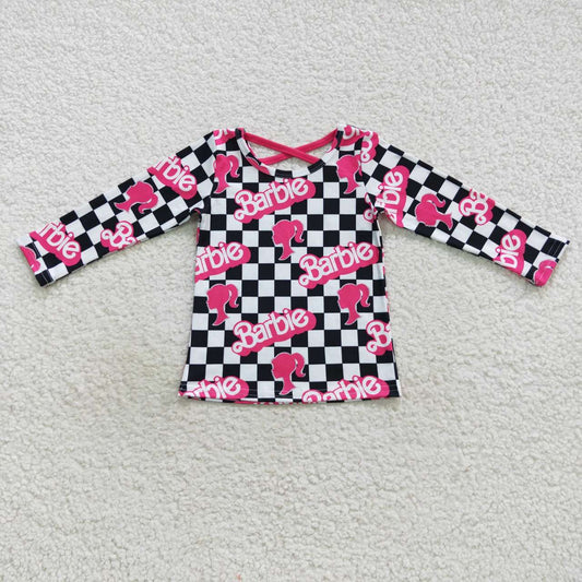 GT0287 barbie avatar black and white plaid long sleeve top