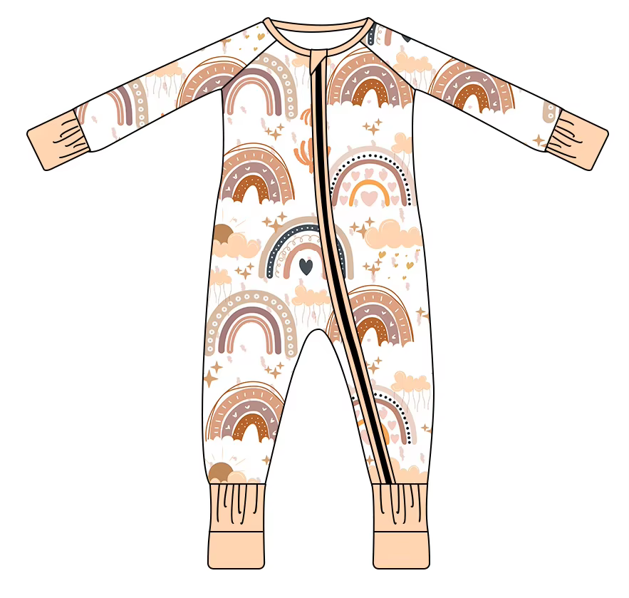 Custom moq 3 eta 7/8week moq 5 eta /4/5week Beige Arched Door Pattern Long Zippered Romper