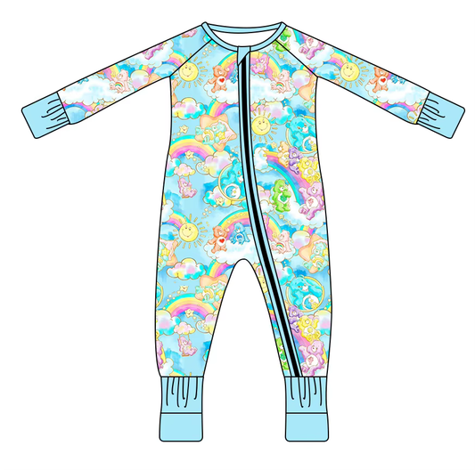 Custom moq 3 eta 7/8week moq 5 eta /4/5week Lake Blue Rainbow Bear-Cloud Pattern Long Zipper Climbing Suit