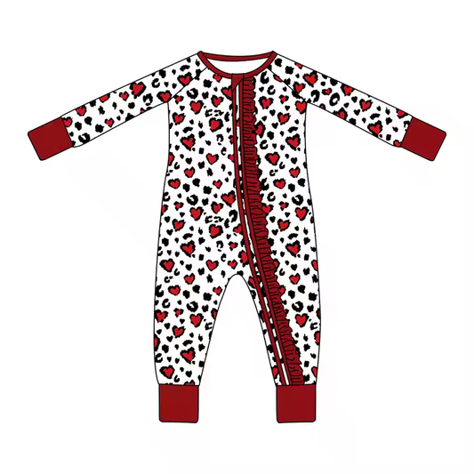 Custom moq 3 eta 7/8week moq 5 eta /4/5week Red and black heart pattern long pleated zip-up romper