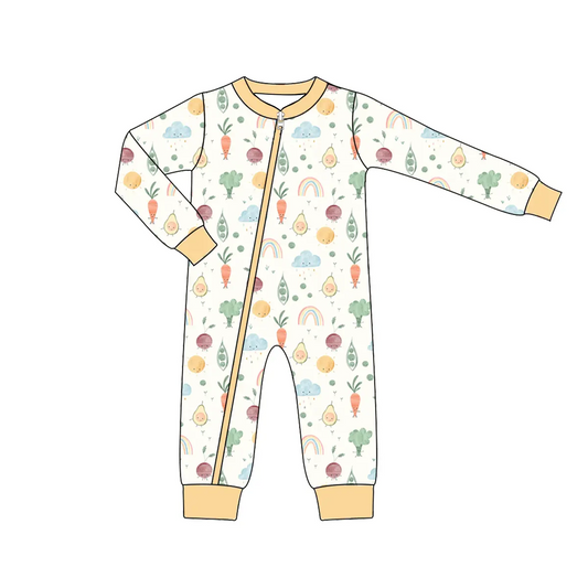 Custom moq 3 eta 7/8week moq 5 eta /4/5week Beige long zip-up jumpsuit with cloud-rainbow-vegetable pattern