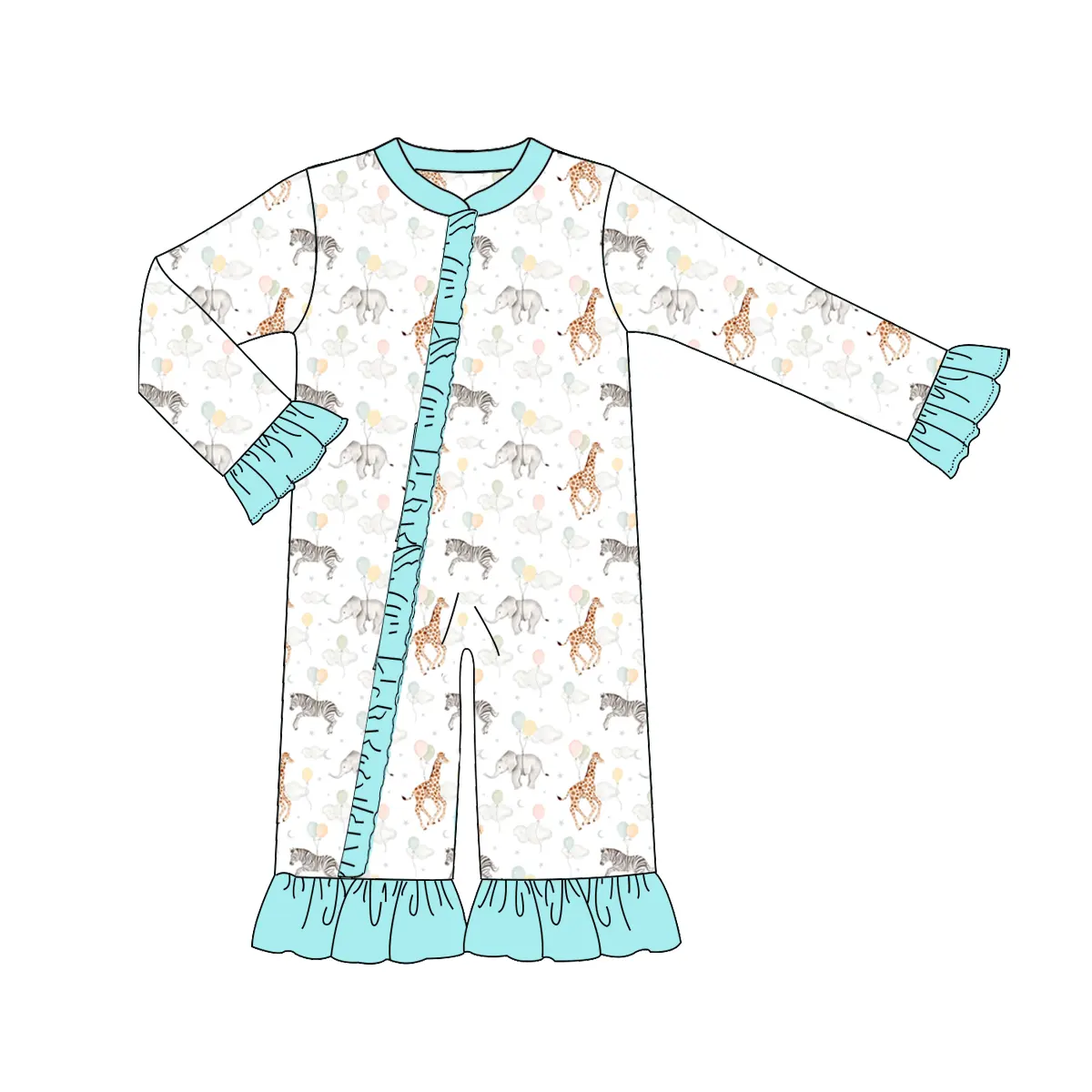 Custom moq 3 eta 7/8week moq 5 eta /4/5week Balloon elephant-zebra-giraffe pattern lake blue long-sleeved zip-up romper