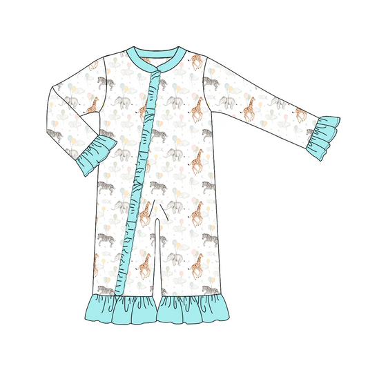 Custom moq 3 eta 7/8week moq 5 eta /4/5week Balloon elephant-zebra-giraffe pattern lake blue long-sleeved zip-up romper