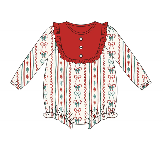 Custom moq 3 eta 7/8week moq 5 eta /4/5week Red wave bow pattern pleated round neck beige long sleeve short bodysuit