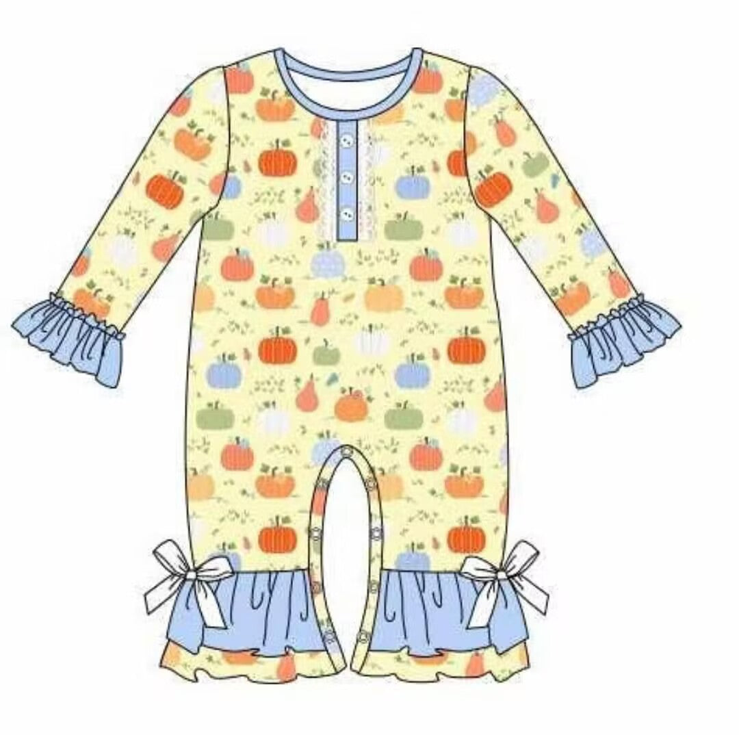 Custom moq 3 eta 7/8week moq 5 eta /4/5week Pumpkin pattern yellow button pleated cuffs long romper