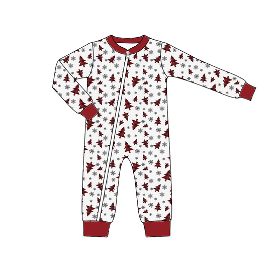 Custom moq 3 eta 7/8week moq 5 eta /4/5week Red Christmas Tree & Snowflake Zipper Long Romper