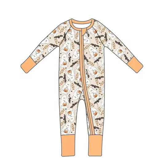Custom moq 3 eta 7/8week moq 5 eta /4/5week Pumpkin Imp Bat-Through Pattern Light Orange Long Zipper Romper