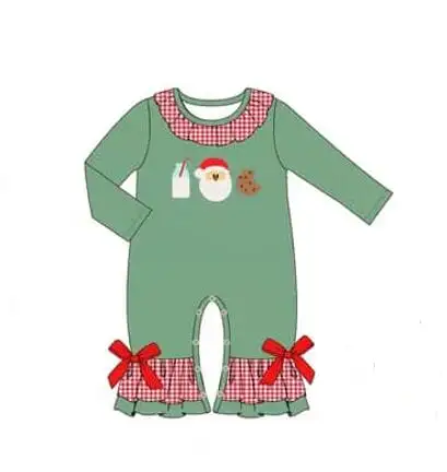 Custom moq 3 eta 7/8week moq 5 eta /4/5week Milk-Santa-Cookie pattern red plaid ruffled neckline green long romper